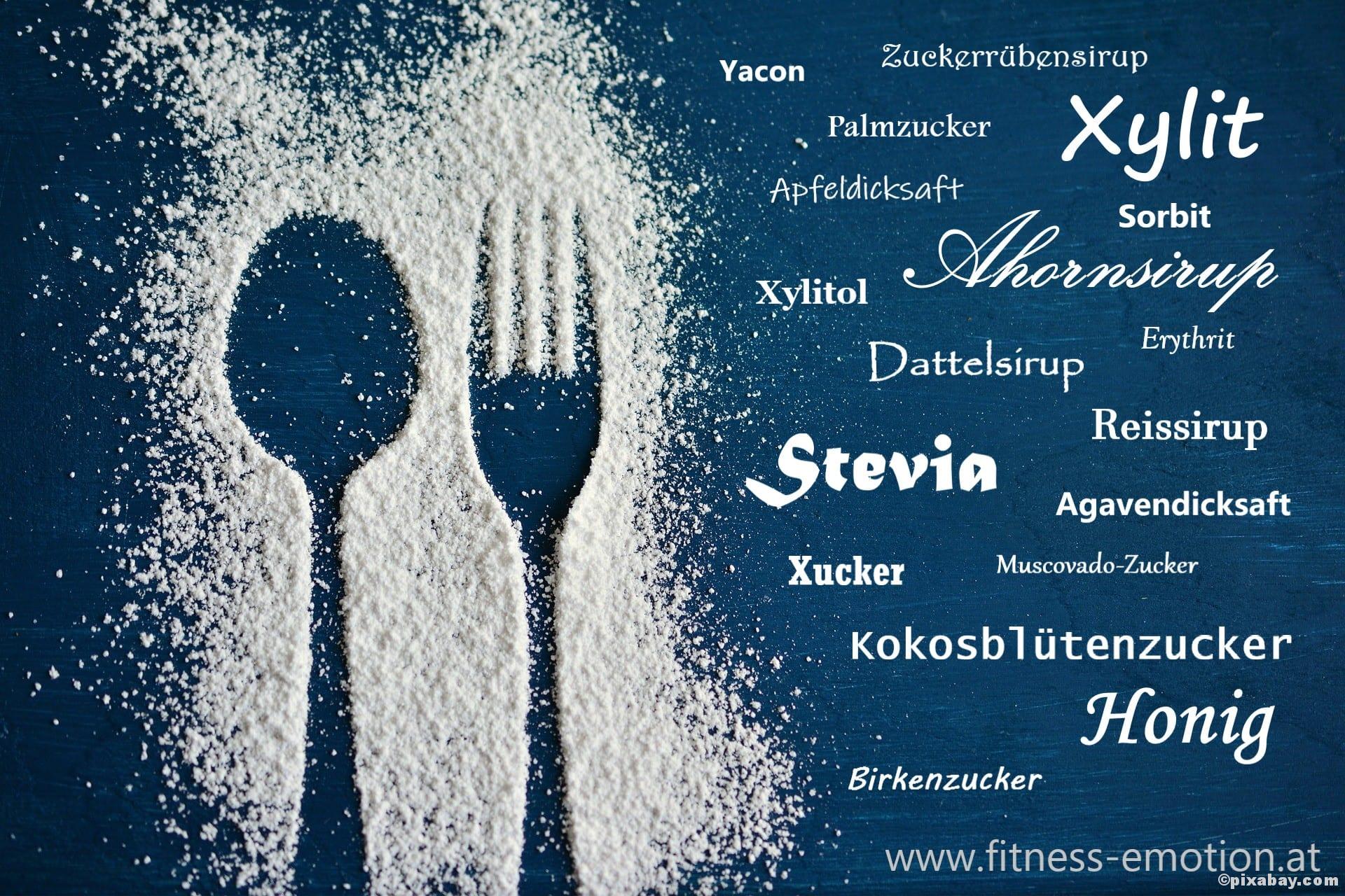 Zucker und die Alternativen – Fitness e!Motion ©pixabay.com Zuckeralternativen Stevia Honig Agavendicksaft Xucker Kokosblütenzucker Birkenzucker Xylit Erythrit Dattelsirup Reissirup Ahornsirup Stevia